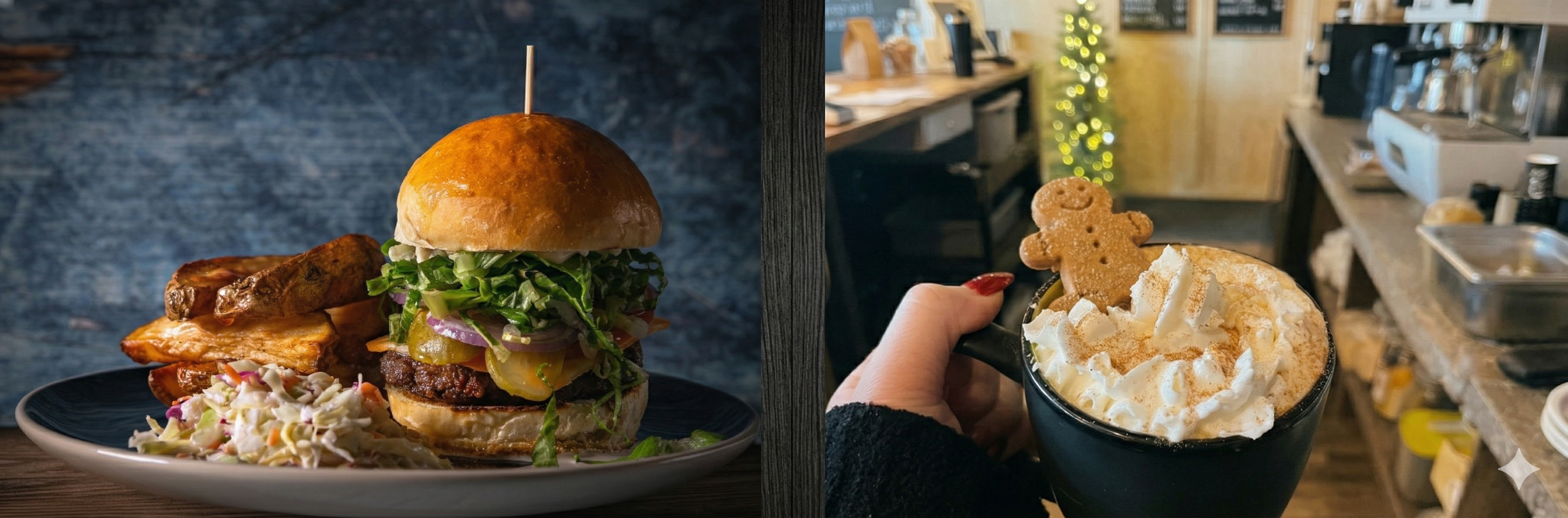 Featured Moonshine Cafe burger and warm drink